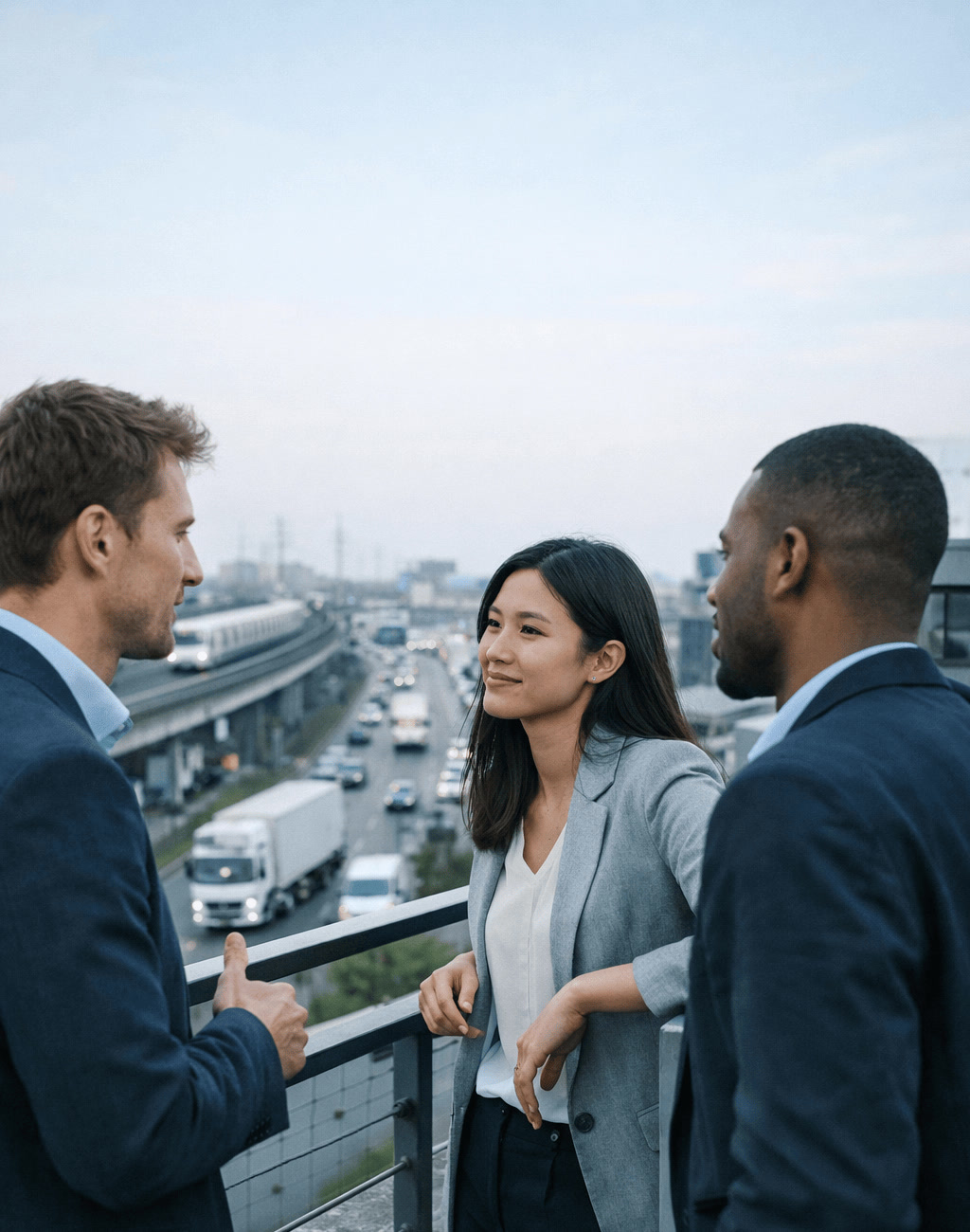 Three Young Professionals on Rooftop Terrace of Modern Logistics Office Building Overlooking Busy City.png