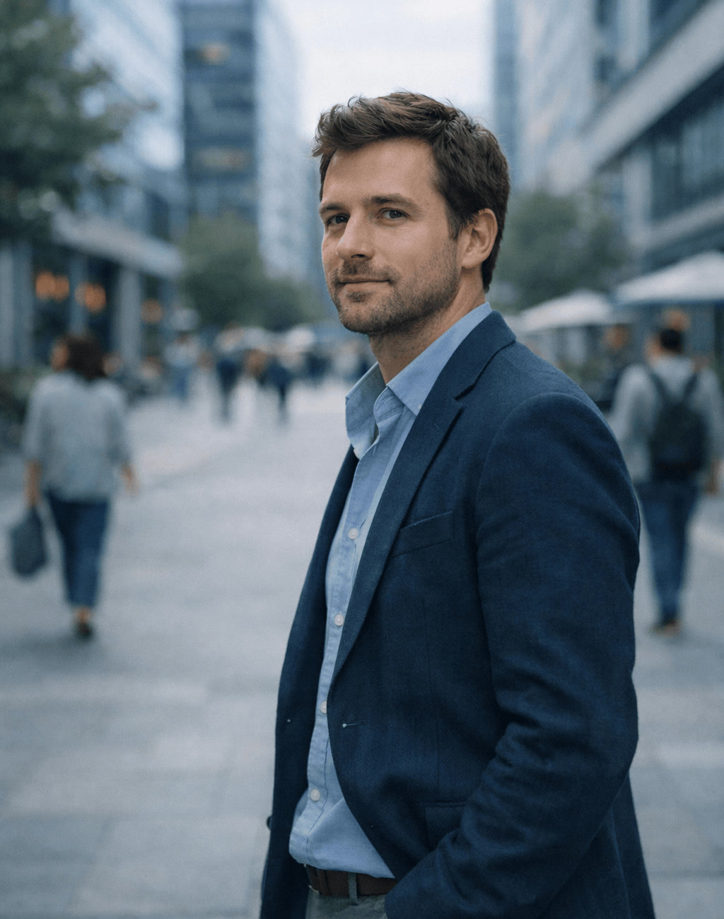 Focused Young Professional Looking Directly at Camera in City