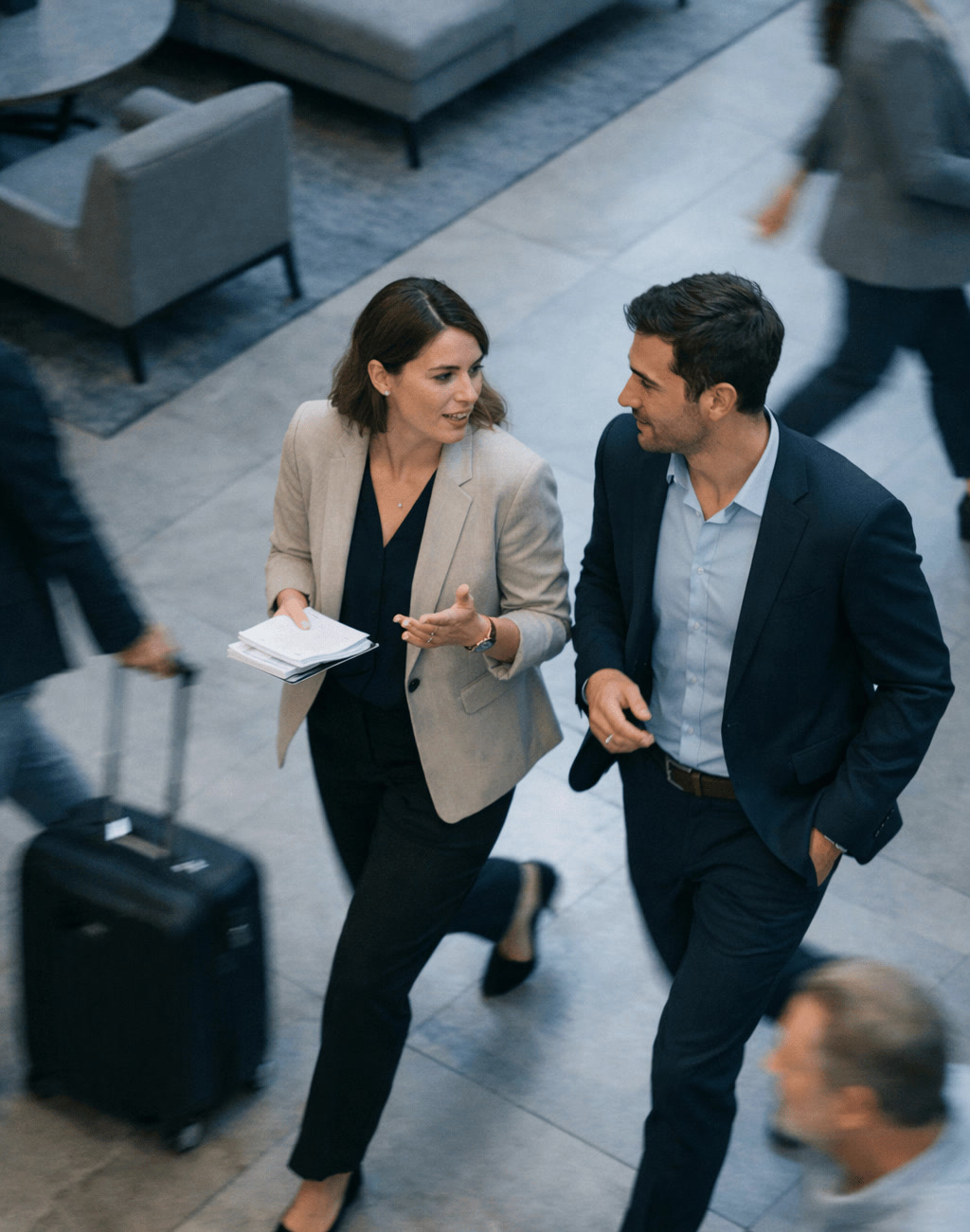 Hospitality Managers Walking Through Modern Hotel Lobby