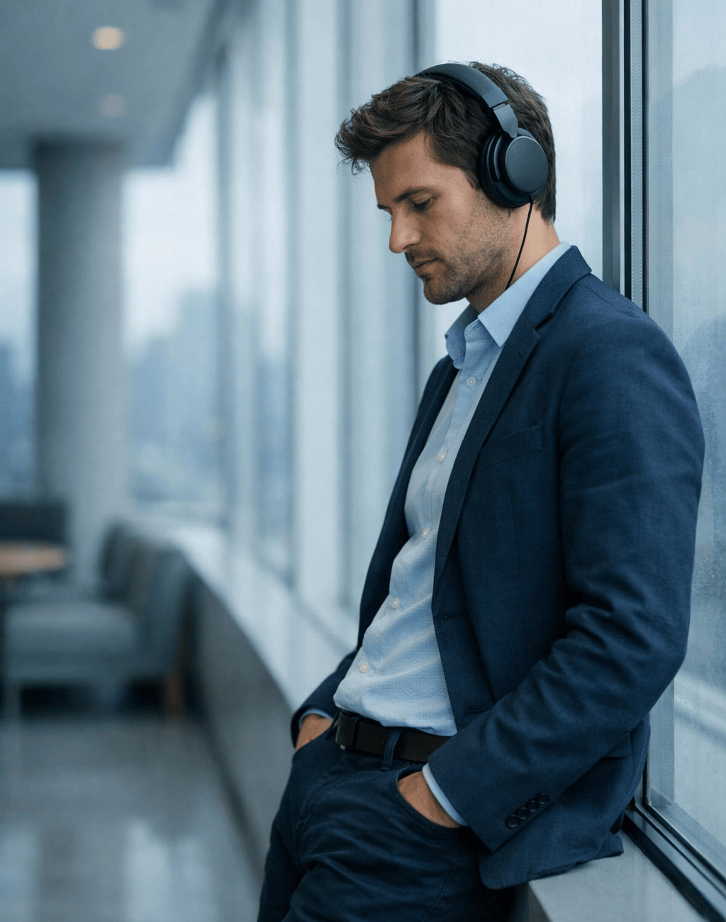 Professional Man Reviewing Notes in Modern Lobby