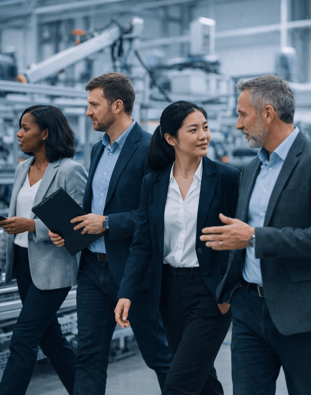 Diverse Manufacturing Leaders Walking Through Advanced Factory