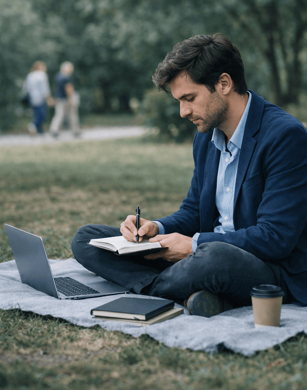 Young Professional Man on Blanket Park Laptos Notes Blurred People